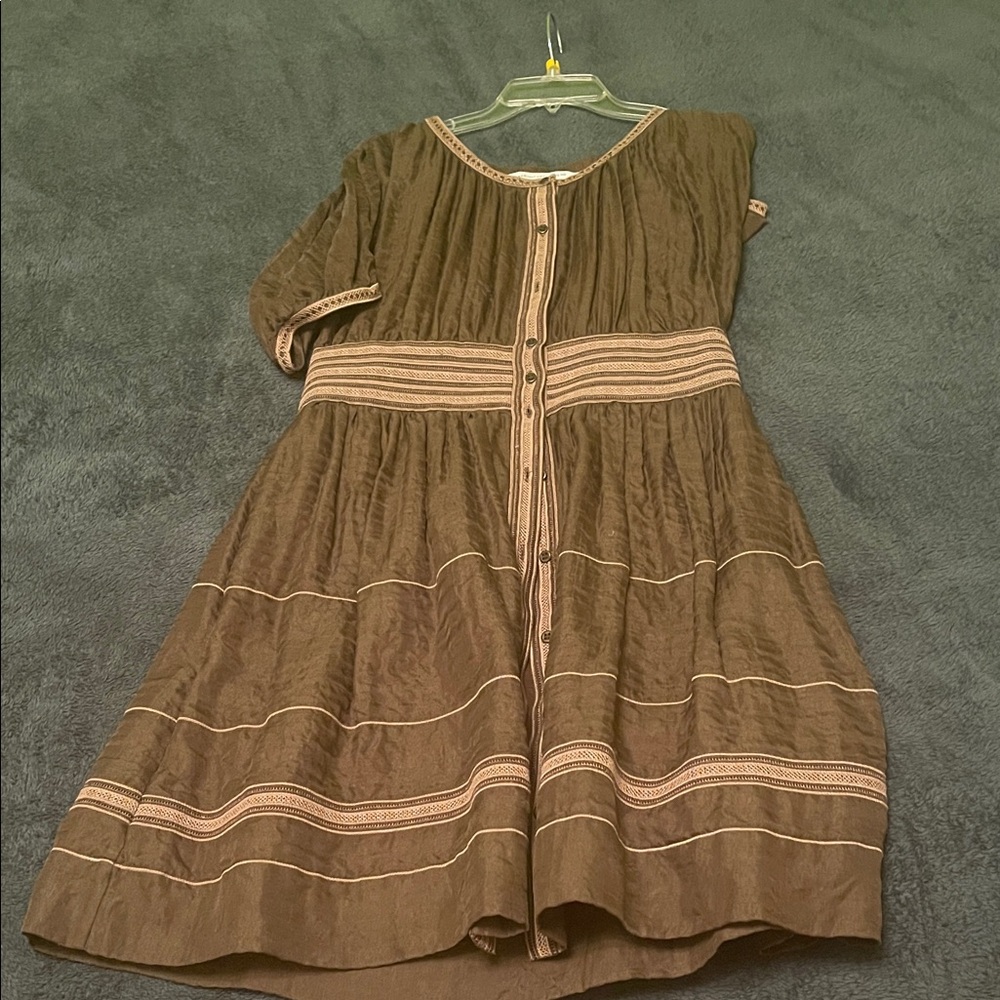 Women’s Olive Silk/Cotton Peasant Dress - Unbranded